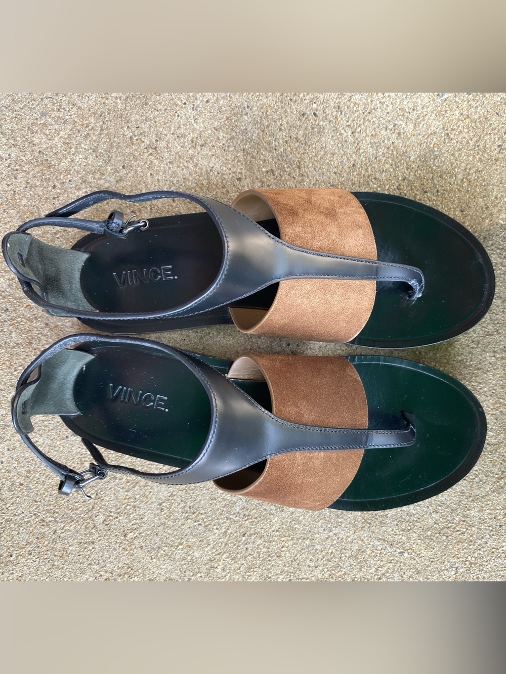 Vince Black Leather & Brown Suede T-Strap Sandals